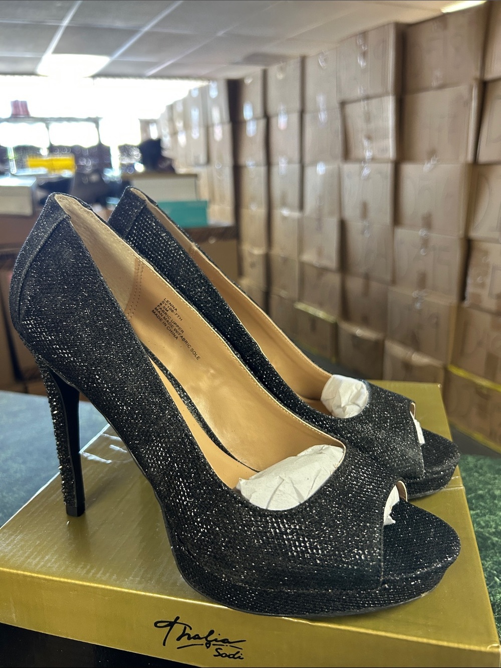 Thalia Sodi Sexy Black Glitter Peep-Toe High Heels